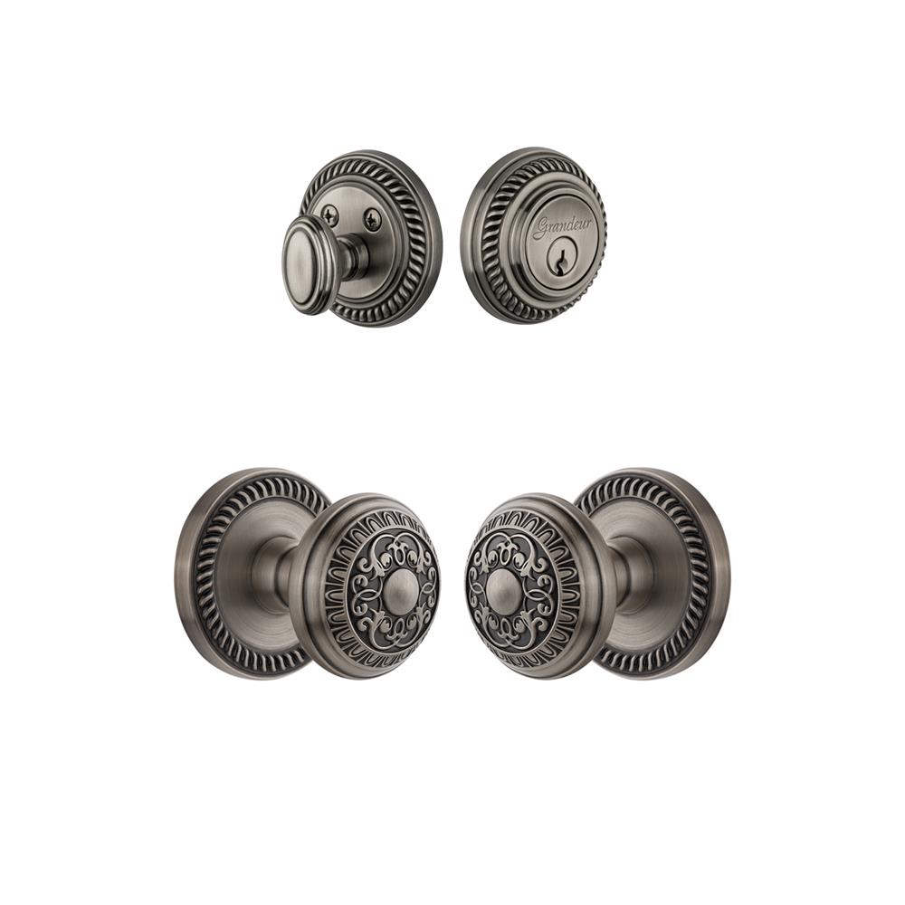 Grandeur by Nostalgic Warehouse Single Cylinder Combo Pack Keyed Differently - Newport Rosette with Windsor Knob and Matching Deadbolt in Antique Pewter